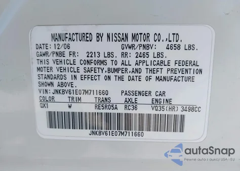 2007 Infiniti G35 Journey from USA, damaged, VIN JNKBV61E07M711660